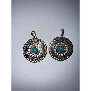 Silver Tone Earrings Turquoise Stone Bohemian Boho‎ Western Hearts Medallion